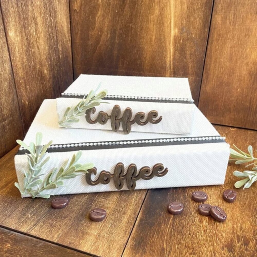 2 Handmade White Stacked Coffee Books Container w/ Faux Greenery (Large & Small)